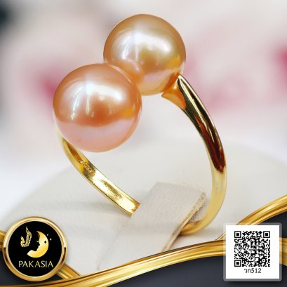 แหวน Open ring หัวไขว้ไข่มุกทวิน ไข่มุก Edison สายพันธุ์น้ำจืดคัดเกรดพิเศษ สีพีช (Two Tone) ทรงเกือบกลม-กลม ขนาด 9.5-10.0 mm เกรด AA+ ตัวเรือนแหวน วัสดุเงินแท้ 925 ชุบสีทอง ตัวเรือนแหวนขนาด 55 / 9.2.65