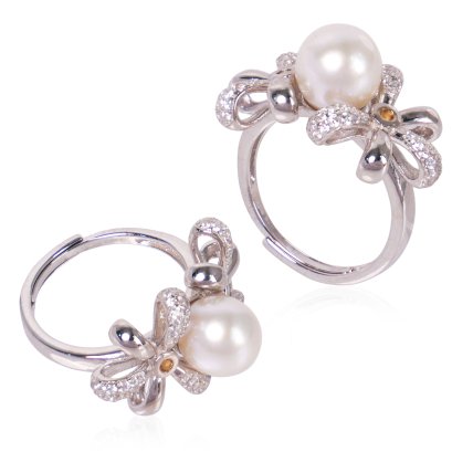 แหวนไข่มุก Akoya บ่าแหวนโบว์ทวินประดับพลอยแท้