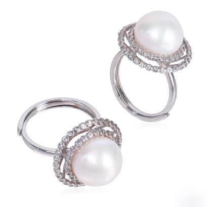 แหวนไข่มุก Edison วงแหวนคู่ล้อมพลอยแท้ White Topaz