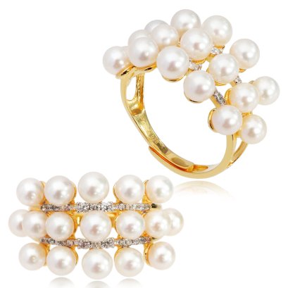 แหวนแพไข่มุกประดับเพทายแท้ ไข่มุก Akoya Pearl