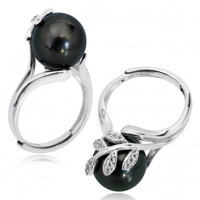 Approx. 11.0 - 11. mm, Tahitian Pearl,  Olive Leaf Ring