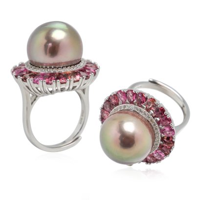 Approx.15.0 mm, Edison Pearl, Pink Tourmaline Cocktail Ring