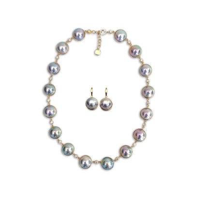 Approx. 13.0 mm up, Amami Oshima Mabe Pearl, Station Pearl & Diamond Necklace and Earrings