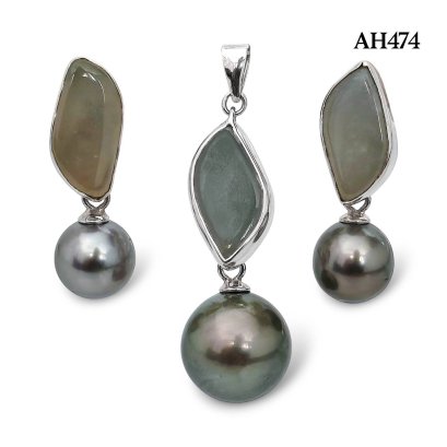 7.9 mm - 7.9 mm and 10.8 mm, Tahitian Pearl, Stones Dangle Pearl Stud Earrings and Pendent