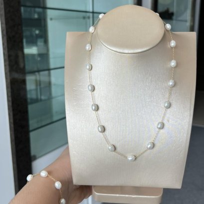 Approx. 6.0 mm, Freshwater Pearl, Station Pearl Necklace and Bracelet