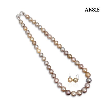 N: 8.4-11.0mm, E: 9.5-9.5 mm, Special Color, Tahitian Pearl, Graduated Pearl Necklace and Fish Hooks Spoon Earrings