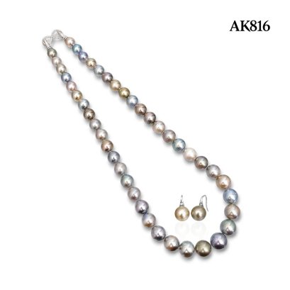 N: 8.0 -12.0 mm, E: 10.0-10.0 mm, Special Color, Tahitian Pearl, Graduated Pearl Necklace and Fish Hooks Spoon Earrings