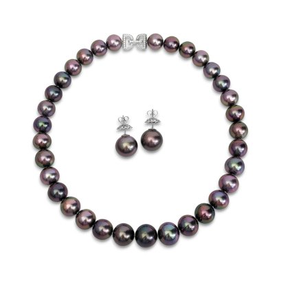 (GIA) 12.08 x 11.97 mm to 15.24 mm, Tahitian Pearl, Graduated Pearl Necklace and Pearl Stud Earrings