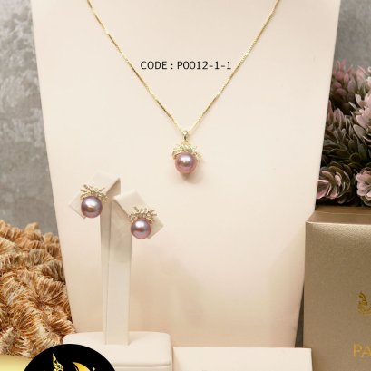 (ไม่รวมสร้อย) จี้และต่างหูมุกริบบิ้นโบว์ติดหู ตัวเรือนเงินแท้ชุบทอง / T003