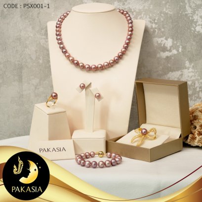 มุกจัดชุด  สร้อยคอมุกล้วน ต่างหูติดหู เข็มกลัดโบว์ริบบิ้น สร้อยข้อมือมุกล้วน และ แหวนเปียริบบิ้น มุก Edison สีม่วง / T001