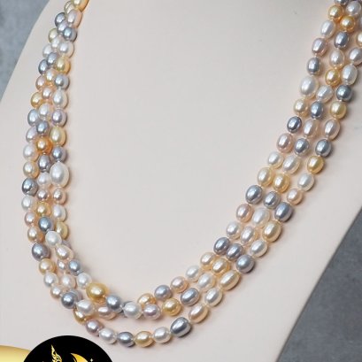 มุกเส้น มุกแท้ทรงไข่ สีมัลติคัลเลอร์ ขนาด 6.5-8.5 mm. เกรด A ความยาวประมาณ 72" / ส639