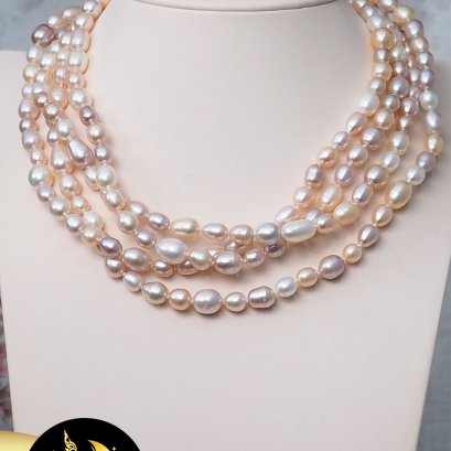 มุกเส้น มุกทรงไข่ สีพีช+ม่วง ขนาด 6-9 mm. เกรด A ความยาวประมาณ 72" / ส642