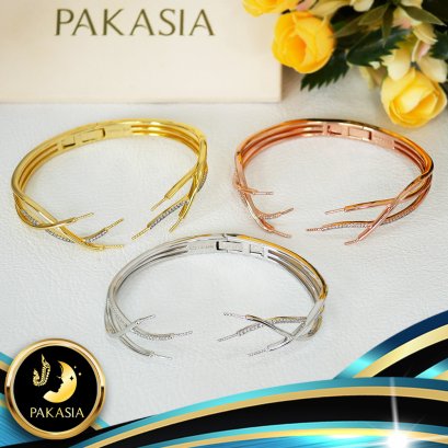 อะไหล่ตัวเรือนกำไลสปริงบานพับ Collection "กัลปังหา" สำหรับติดไข่มุก 6 เม็ด ตัวเรือนเส้นผ่านศูนย์กลางขนาด 6 cm เงินแท้ 92.5 ประดับพลอยแท้ White Topaz ตัวเรือนมี 3 สีให้เลือก คือ สีทอง สีทองคำขาว และสี Pink Gold