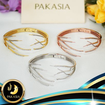 อะไหล่ตัวเรือนกำไลสปริงบานพับ Collection "กัลปังหาใหญ่" สำหรับติดไข่มุก 7 เม็ด ตัวเรือนเส้นผ่านศูนย์กลางขนาด 6 cm เงินแท้ 92.5 ประดับพลอยแท้ White Topaz 3 ct. ตัวเรือนมี 3 สีให้เลือก คือ สีทอง สีทองคำขาว และสี Pink Gold