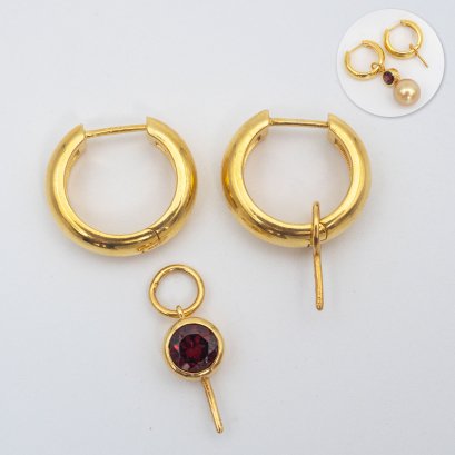 S925,ฺ Jumbo Plain Huggie Jacket Garnet Dangle Pearl Earrings