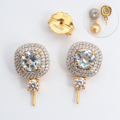 S925,ฺ Double Halo London Blue Topaz Jacket Pearl Earrings