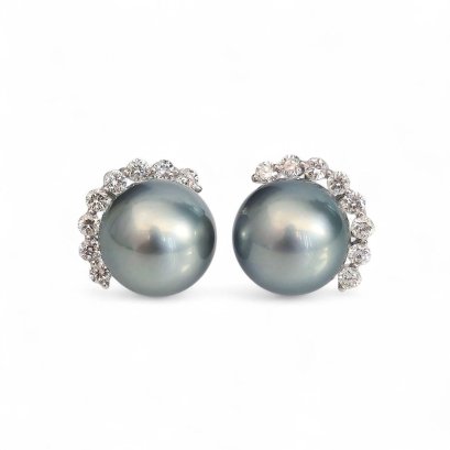 11.6 mm and 11.6 mm, Gray Feline Lot, Tahitian Pearl, Half Round Diamond Solitaire Pearl Stud Earrings