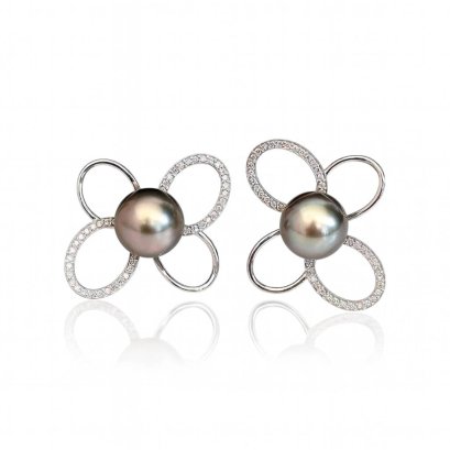 9.5 mm and 9.7 mm, Tahitian Pearl, Bow Diamond Paved Pearl Stud Earrings