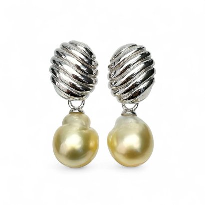 Approx. 10.5 mm, Gold South Sea Pearl, Cream O Dangle Pearl Stud Earrings