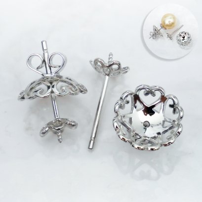 S925, Pearl Post, Stencil Flower Cup with Stencil Heart Cup Butterfly Earring Backs