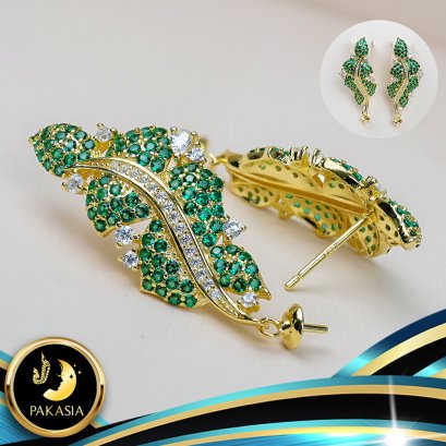 อะไหล่ตัวเรือนต่างหูพร้อมทับหลัง Collection "ใบตอง" สำหรับห้อยไข่มุก ขนาดตัวเรือน 1.25 x 4.0 cm. วัสดุตัวเรือน เงินแท้ 925 ชุบสีทอง ประดับเพชร CZ