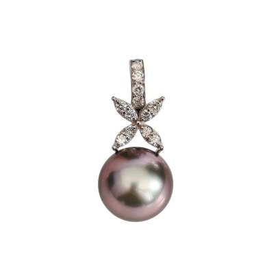 10.3 mm, Tahitian Pearl, West Indian Jasmine Diamond Paved Pearl Hinge Clasp Pendant