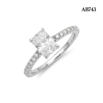 (GRA) S925, Moissanite Radiant Cut (1.0ct/D/VVS1/Ex) Four Prongs with Shoulder Moissanite Paved Ring