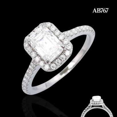 (GRA) 1.0 ct., Moissanite, Emerald Cut, Solitaire Emerald Halo and Shoulder Moissanite Paved Ring