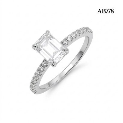 (GRA), Moissanite Emerald Cut (1.0ct/D/VVS1/Ex) Four Prongs with Shoulder Moissanite Paved Ring