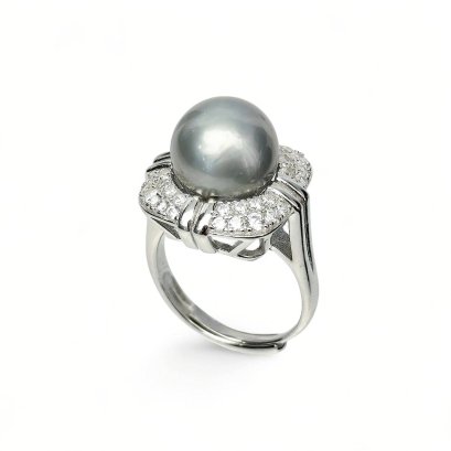 Approx. 11.2 mm, Tahitian Pearl, Solitaire Pearl, CZ Paved Rings