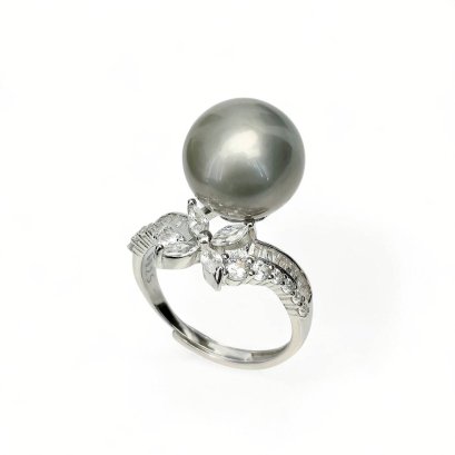 Approx. 11.5 mm, Tahitian Pearl, Solitaire Pearl CZ Flower Ring