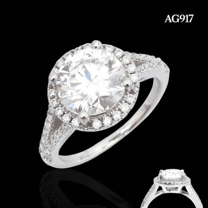 (GRA) Moissanite (3.0ct.), Round Brilliant, Four Prongs Solitaire Moissanite Halo Double Shoulder Moissanite Paved Ring