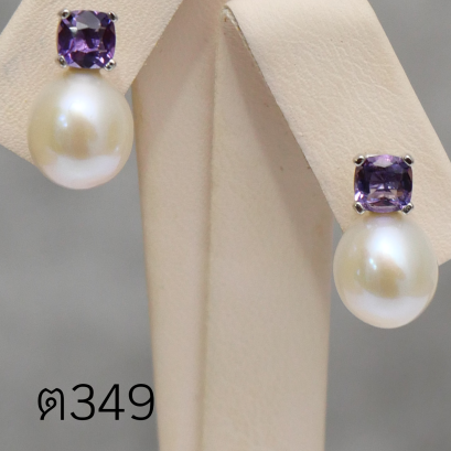 ต่างหูPakasia พลอยแท้ อเมทิสต์ 0.8ct.[เงินชุบทองคำขาว] มุกแท้น้ำจืดบาร็อคขาว AA+ ขนาด 8-9mm. / SN0220YE349