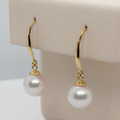 [Gold18K] ต่างหูห้อย 18K  อโกย่ากลมขาวประกายชมพู  7-7.5mm. AA+ / SN0470ZG149