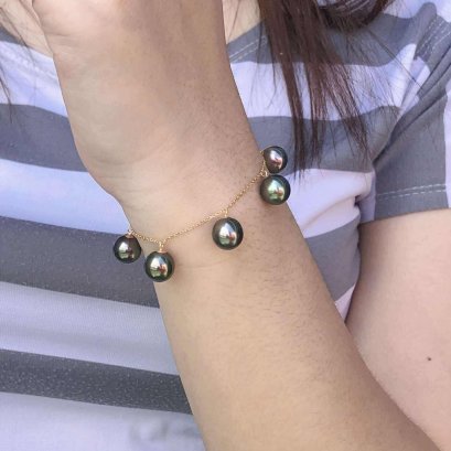Approx. 9.0 mm, Tahitian Pearl, Station Pearl, Cable Chain Bracelet