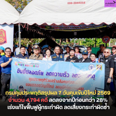 กรมคุมประพฤติสรุปผล 7 วันคุมเข้มปีใหม่ 2569 จำนวน 4,794 คดี ลดลงจากปีก่อนกว่า 28% เร่งแก้ไขฟื้นฟูผู้กระทำผิด ลดเสี่ยงกระทำผิดซ้ำ