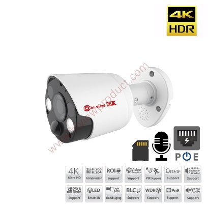 HP-78B80PE/L กล้องวงจรปิดไฮวิว ระบบไอพี 8 ล้านพิกเซล ใช้งานภายนอกและภายใน มีไมค์ในตัว บันทึกภาพและเสียง Hiview Bullet Mic-Built-in IP Camera PoE 8 MP