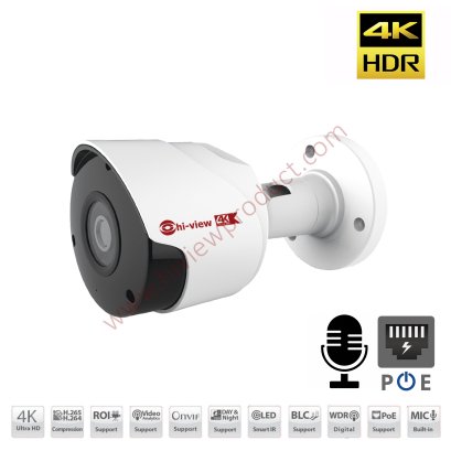 HP-78B80PE กล้องวงจรปิดไฮวิว ระบบไอพี 8 ล้านพิกเซล ใช้งานภายนอกและภายใน มีไมค์ในตัว บันทึกภาพและเสียง Hiview Bullet Mic-Built-in IP Camera PoE 8 MP
