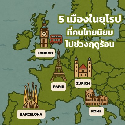 แผนที่ยุโรปแสดง 5 เมืองยอดนิยมที่คนไทยนิยมไปช่วงฤดูร้อน