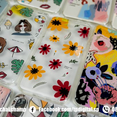 พิมพ์เคสมือถือ พิมพ์ลายลงบนเคสมือถือซิลิโคนใส ลายของ Material Case พิมพ์ลายเฉพาะจุด พื้นหลังใส รองขาว เคลือบเงาเฉพาะจุด
