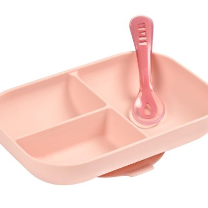 Beaba - Silicone suction divided plate with spoon ( Nude )
