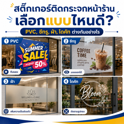 สติกเกอร์ติดกระจกหน้าร้าน เลือกแบบไหนดี? PVC, ซีทรู, ฝ้า, ไดคัท ต่างกันอย่างไร