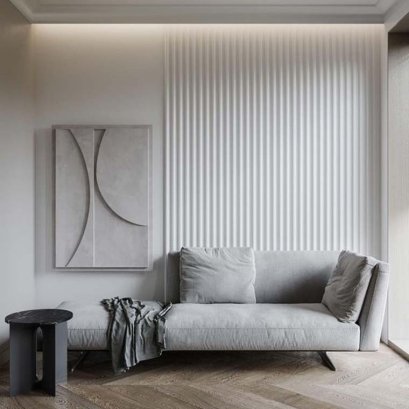 ห้องนั่งเล่นตกแต่งผนังเซาะร่อง