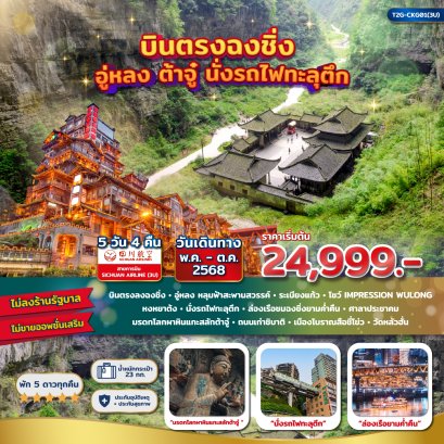 บินตรงฉงชิ่ง ต้าจู๋ อู่หลง อุทยานหลุมฟ้า นั่งรถไฟทะลุตึก 5 วัน 4 คืน