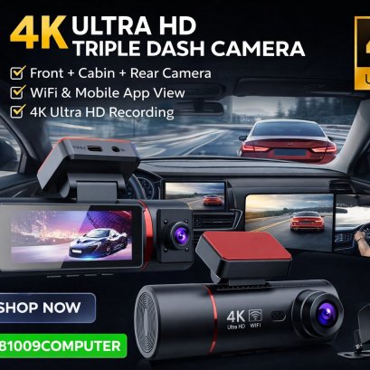 กล้องติดรถยนต์ 3 กล้อง 4K Ultra HD   เห็นครบทุกมุม — หน้ารถ, ภายใน, และท้ายรถ
