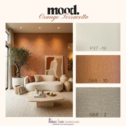 embozz-mood-orange-terracotta.webp หนังเทียม PVC โทนเทอราคอตต้า embozz รหัส P37-19, G68-10, G68-2 สำหรับตกแต่งบ้านสไตล์ Earthy