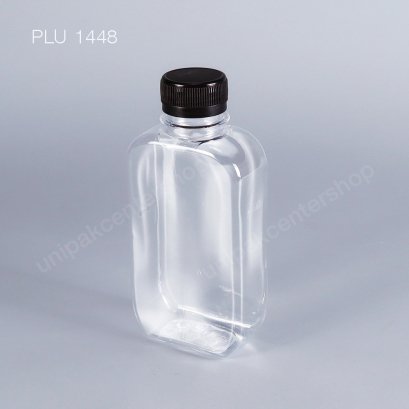 ขวดน้ำผลไม้ PET แบนมน 200 cc พร้อมฝาดำ, ปาก 30 mm