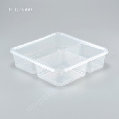กล่องอาหารเหลี่ยม PP ใส 3 ช่อง + ฝาใส 1000 ml