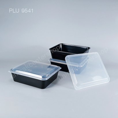 กล่องอาหารเหลี่ยม PP ดำ (2,750ml) + ฝาใส (ใส่ปลาทอด, อาหารชุดใหญ่, ทุเรียน)