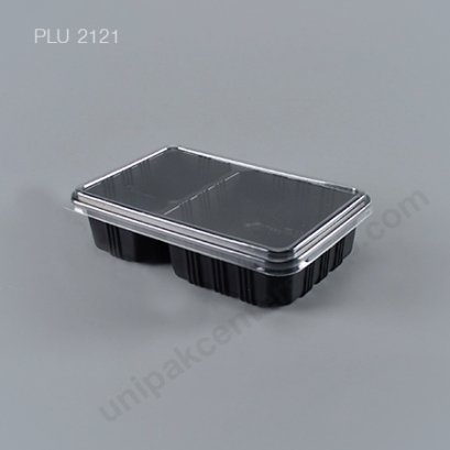 กล่องอาหาร 2 ช่อง PP ดำ (THF) 600 ml  + ฝา PET ใส (AN)